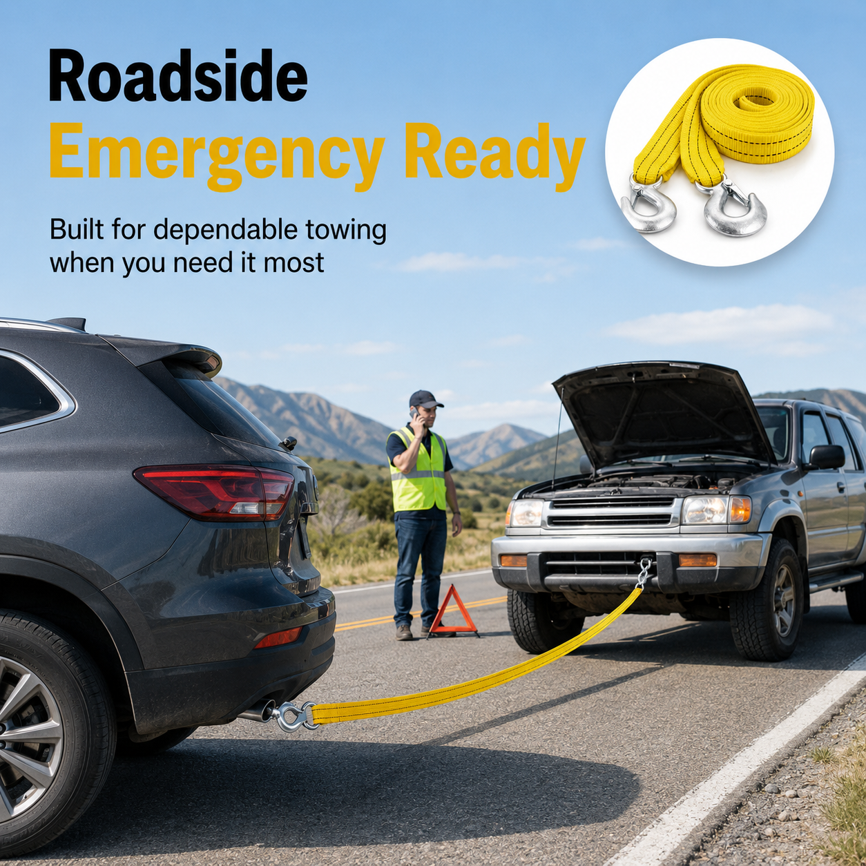 Heavy Duty Car Tow Strap with Safety Hooks